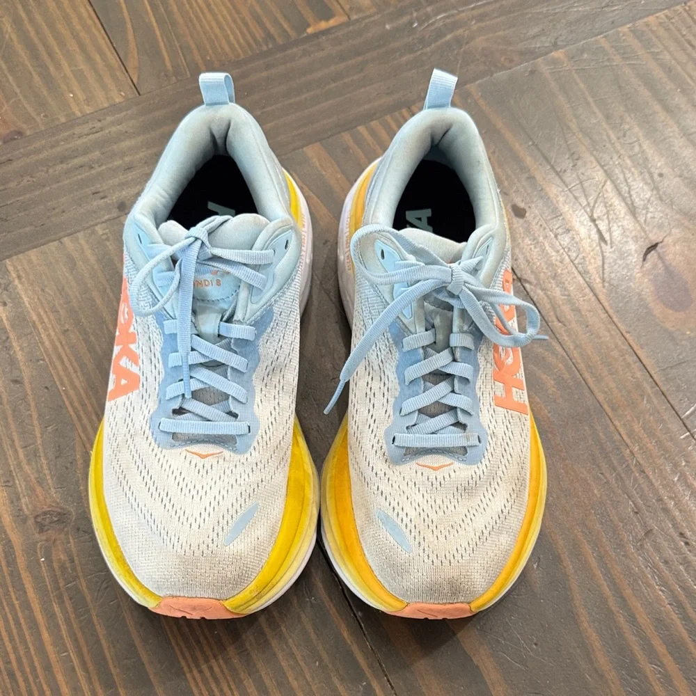 Hoka Sky Blue, Yellow & Coral Running Shoes - Picture 3 of 6